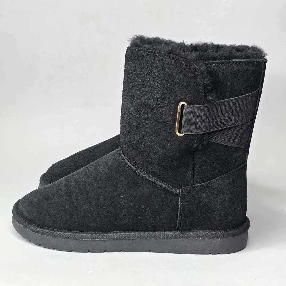 Serra Women's Winter Boots Size 9 Black Suede Lamb Fur Pull On Snow Shoes Buckle